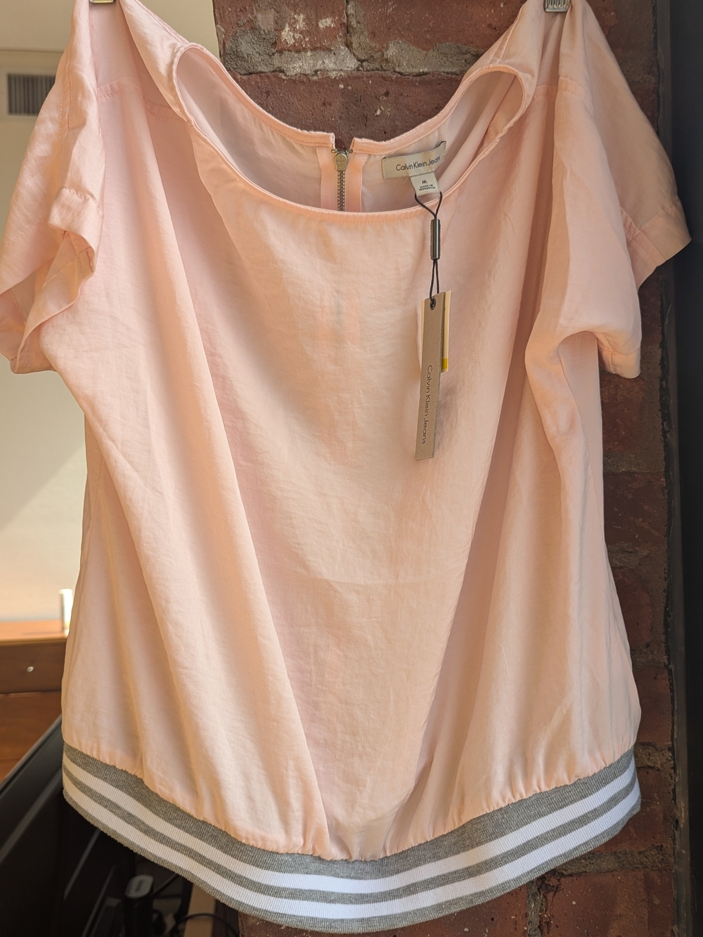 Calvin Klein Light Pink Short Sleeve Blouse with Striped Hem
